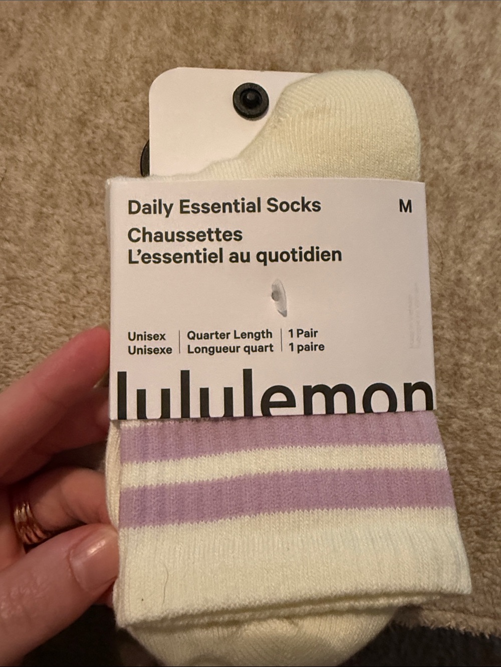 LULULEMON Quarter-Length Socks in Cream and Lavender Stripes